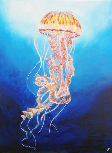 Jellyfish Painting Underwater Life Original Art Seascape Oil On Canvas thumb