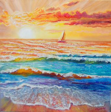 Colored Seascape Sailboat Painting Original Art thumb