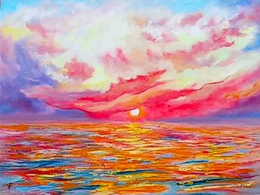 Red Colors Sunset Painting Original Oil On Canvas Artwork thumb