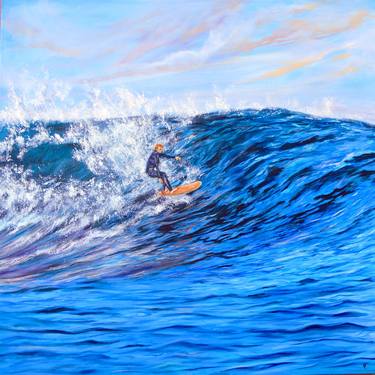 Surfing On Huge Ocean Wave Original Painting, Big Wall Art. thumb