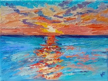 Orange Colors Sunset Painting Original Oil On 3D Canvas Artwork thumb