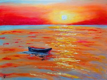 The Sailboat On Red Sunset Ocean Original Painting thumb
