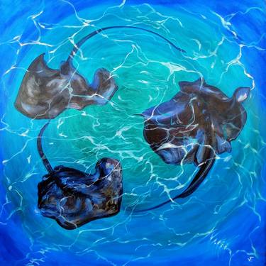 Stingrays Underwater Animals. Original Painting On Canvas thumb