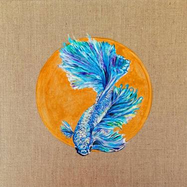 Blue Beta Fish Underwater Sea Animals Original Painting. thumb