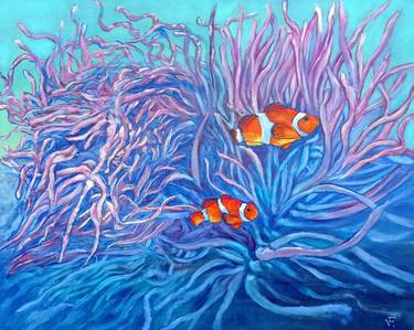 Clownfish On Actinia Underwater Life Oroginal Painting. thumb