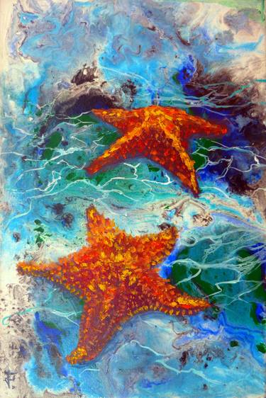 Starfish Original Painting Underwater Animals Art Oil On Canvas. thumb