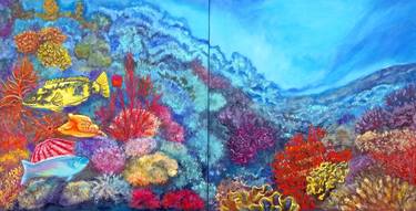 Diptych Colored Coral Reef Underwater World Original Painting. thumb