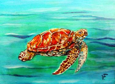Turtle Painting Ocean Animal Original Smal Artwork thumb