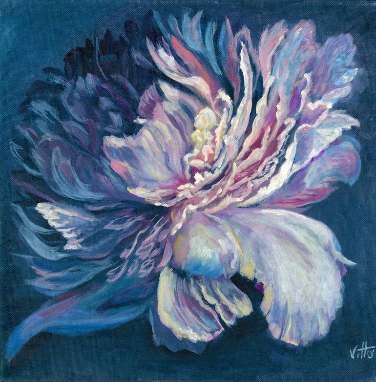 Original Floral Painting by Viktoriya Filipchenko | Abstract Art on Canvas | Pink White Flower On Black Painting.