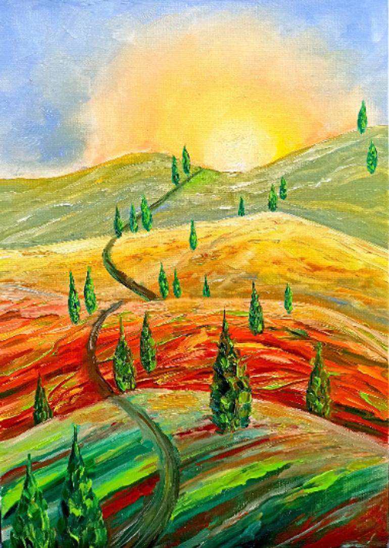 Watercolor painting Tuscan hill landscape at Full Moon