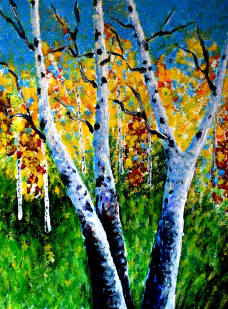 aspen birch trees miniature painting Aceo Tiny artwork 