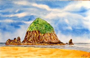 CANNON BEACH Oregon Painting Original Art Watercolor Landscape Mountain Artwork Home Decor Gift thumb