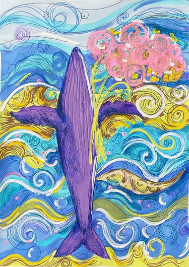 Whale gentleman with flowers in the sea - gouache painting thumb