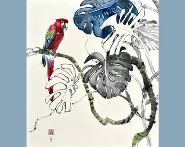 Red Macaw Parrot among monstera leaves thumb