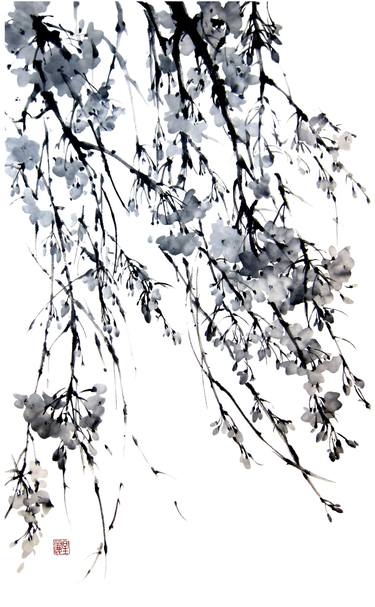 Cherry Blossom Asian Art Watercolor on Japanese paper Black and White thumb