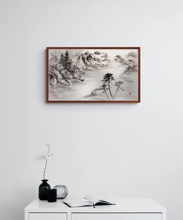 Mountain house over the river Japanese Landscape thumb