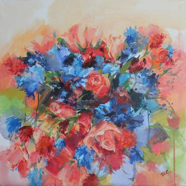 Flower bouquet - square acrylic painting, blue and orange flowers thumb