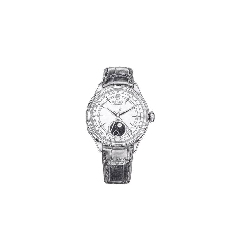 Original Fashion Drawing by Daniel Mcmahon  Photorealism Art on Paper  Rolex Cellini Moonphase