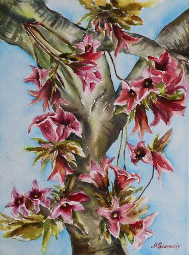 Original watercolor. Flowers on the trees thumb