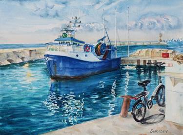 Ship in the port Jaffa. Original watercolor. thumb