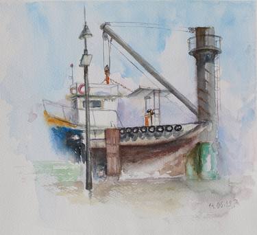 Ship in port.Original watercolor. thumb