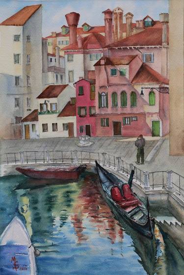 Beautiful city Venice. Original watercolor painting. thumb