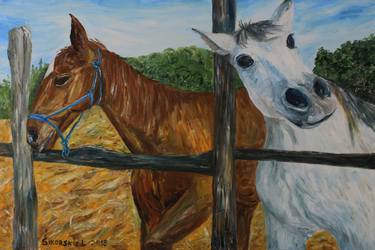 Horses in nature. Original oil painting. thumb