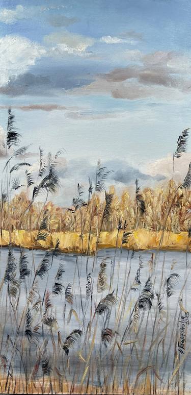 Winter Riverside Landscape with Reeds Gentle Nature Scenery thumb