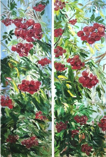 Rowan Tree Berries Bunches Diptych Contemporary Impasto Wall Art thumb