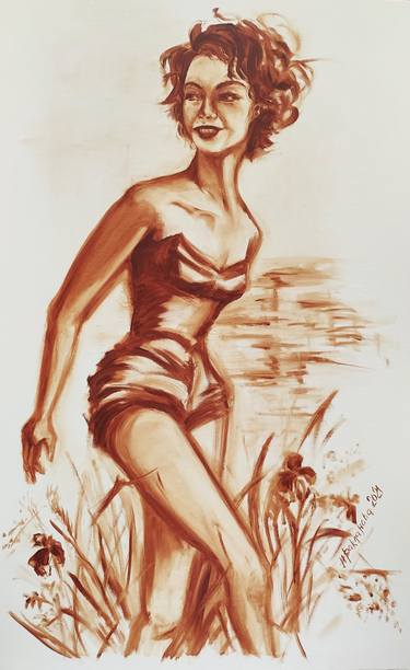 Retro Style Monochrome Portrait of Young Woman in Swimsuit thumb