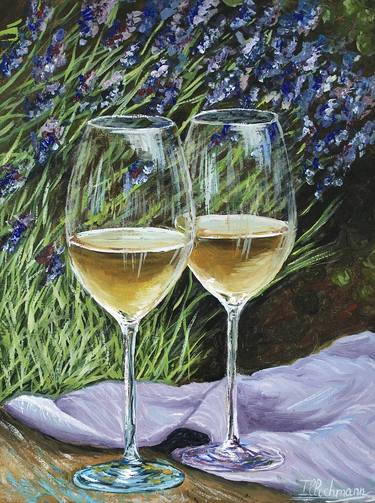 Wine again . Original and unique oil painting by Liza Illichmann. 30*40 cm. Wine, lavender and nature. thumb