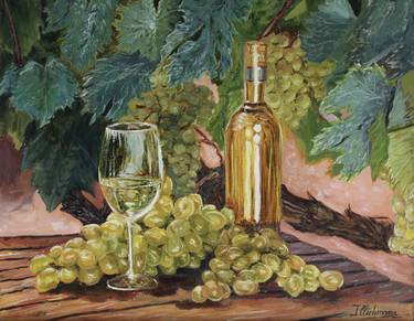 Moments of happiness. Original and unique oil painting by Liza Illichmann. 35*45 cm. Wine, grapes and nature. thumb