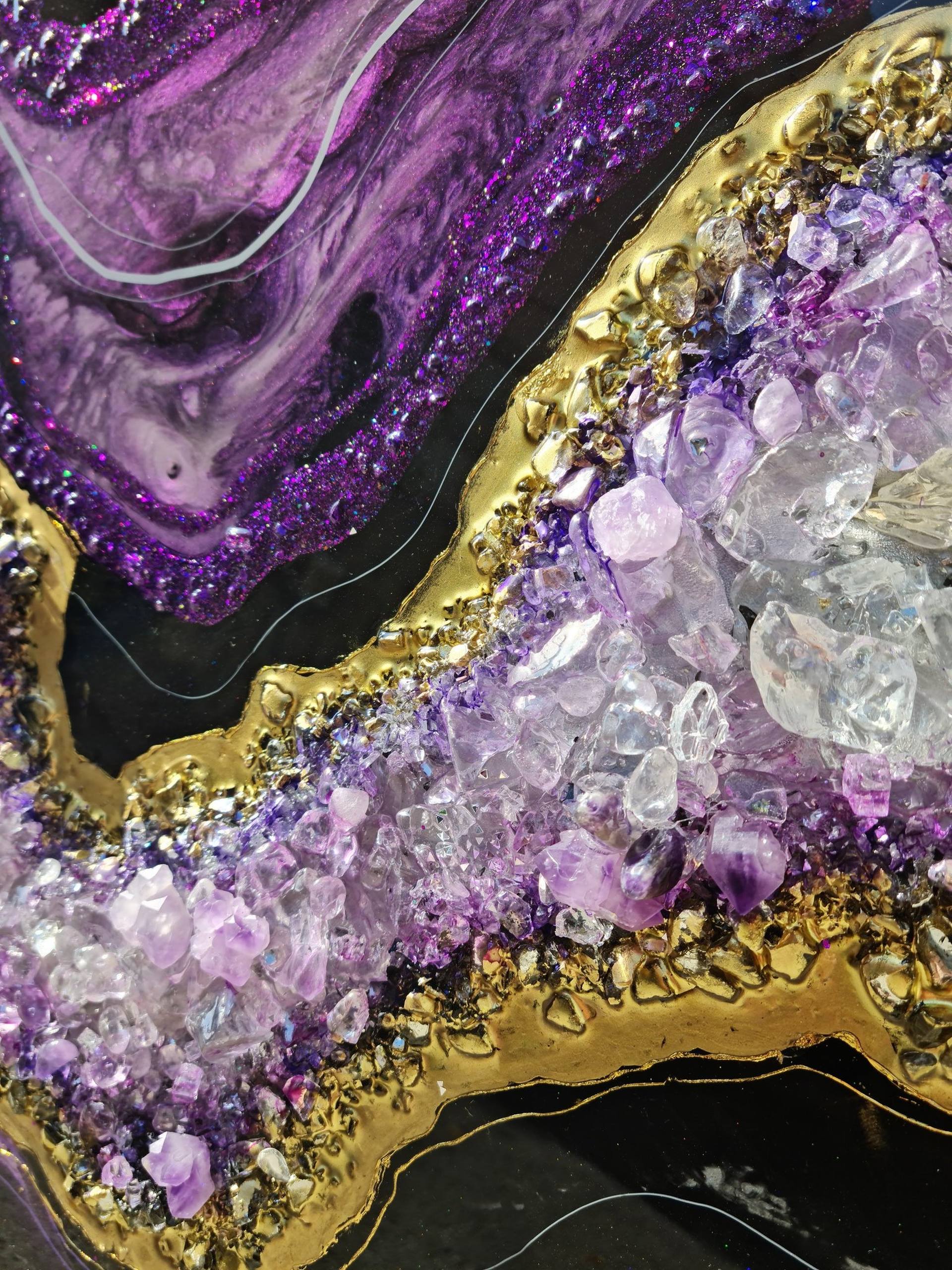 Amethyst Geode art, crushed glass art, Resin art