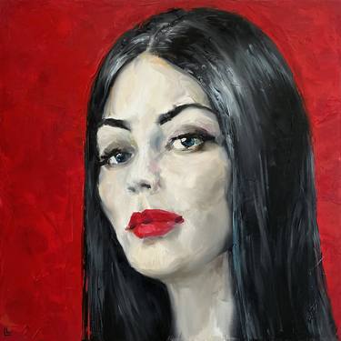 Woman in red, woman portrait painting Oil on canvas black and red thumb