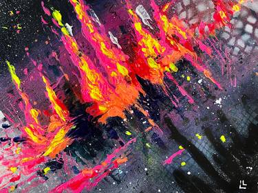 Abstract space acrylic painting, galaxy pink fire art thumb
