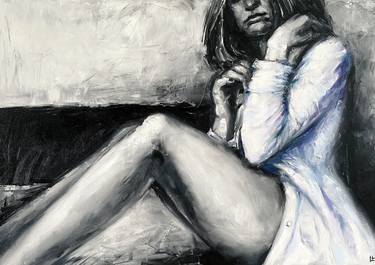 Woman in shirt, Black white painting, Oil on canvas thumb