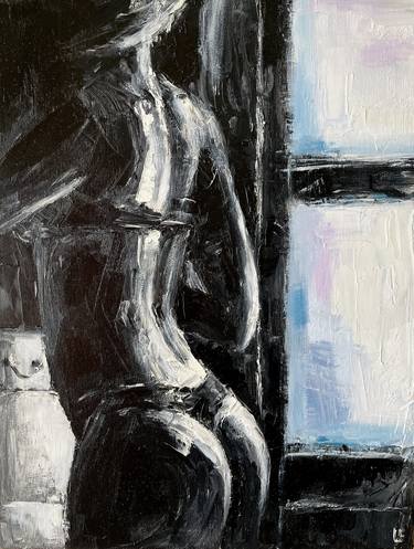 Woman near the window art, Black white painting, Oil on canvas thumb