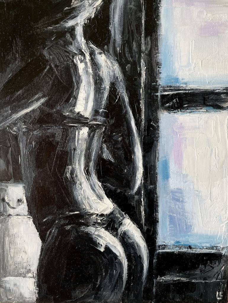 Woman near the window art, Black white painting, Oil on canvas Painting by  Leah Larisa Bunshaft DIZLARKA | Saatchi Art