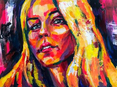 Pop art painting, colorful woman portrait, girl face acrylic art thumb