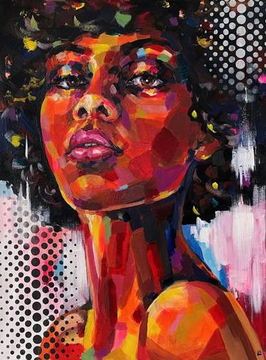 Pop art painting, colorful woman portrait, black magic thumb