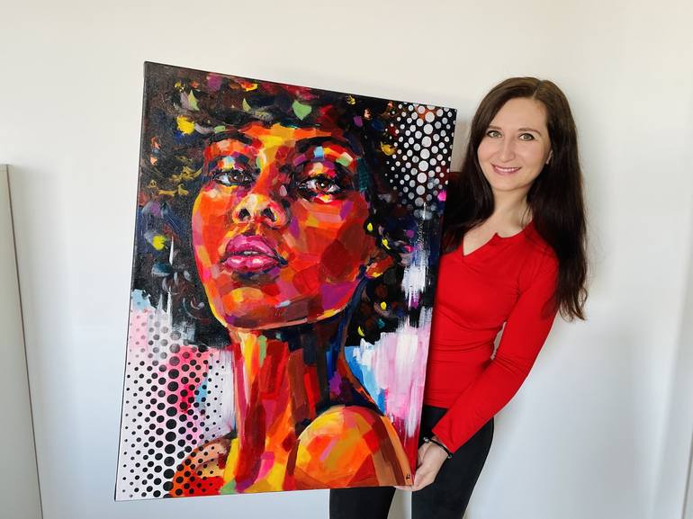 Pop art painting, colorful woman portrait, black magic
