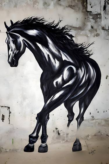 Black and White Minimal Art Modern Abstract Horse Painting thumb