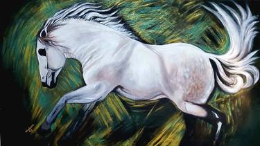 White horse painting with gold green abstract background thumb
