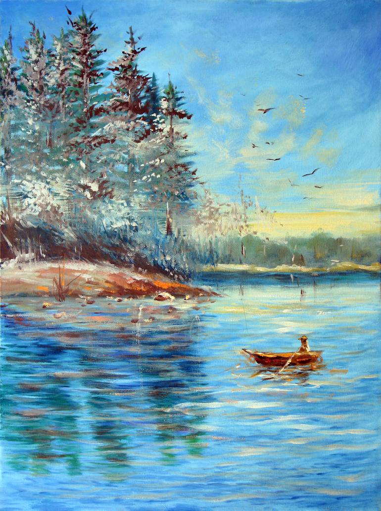 Original Seascape Painting by Muhammad Umair | Impressionism Art on Canvas | Whispers of the Winter Lake