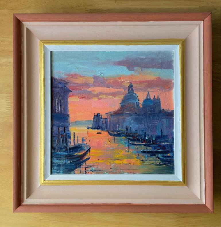 Original Seascape Painting by Roberto Ponte | Impressionism Art on Canvas | Venice Sunset The Salute Church on The Grand Canal