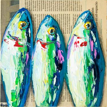 Fish Art - Original Oil Impasto Painting on Newspaper Vegan thumb