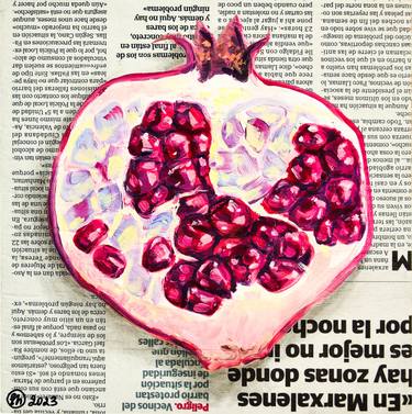 Pomegranate Painting Fruit Oil Original Newspaper Painting 8 x 8 thumb