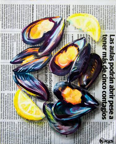 Mussels Painting Shell Oil Original Art Newspaper Wall Art Retro thumb