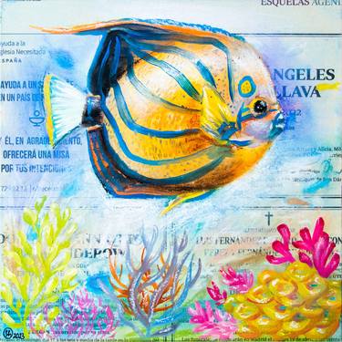 Fish Painting Underwater Original Oil Art 8 by 8 Newspaper Art thumb