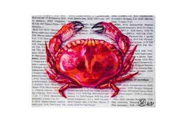 Crab Original Oil Painting: Moody Still Life Art on Newspaper thumb